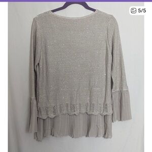 Sioni Beaded Knit Sweater with Pleated Chiffon‎ Trim Bell Sleeves Beige M